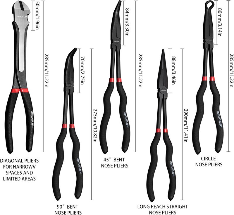 WISEUP 5Pcs Long Needle Nose Pliers Set ，Premium Carbon Steel，11" Long Reach Straight ，45° Bent Nose ，90° Bent Nose Plier，Diagonal Pliers for Narrow Spaces - Image 3